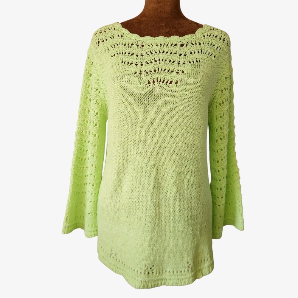 Vtg Peck & Peck Sweater Size L Lime Green Crochet Open Knit Flare Sleeve Women's